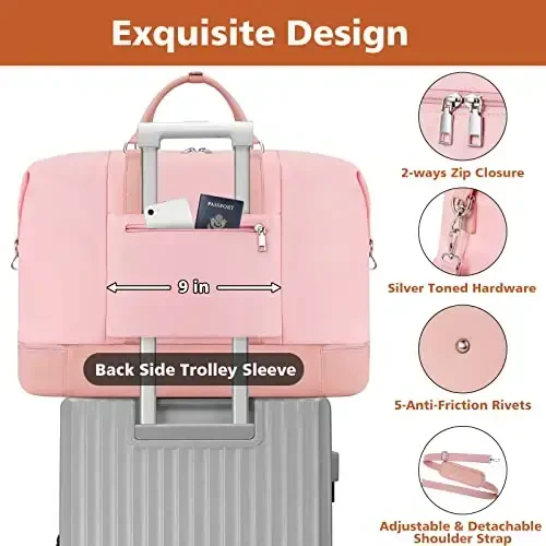 Travel Weekender Bag for Women, Overnight Bag with Shoe Compartment, Oversized Travel Duffel Bag Carry On Tote with Trolley Sleeve 21