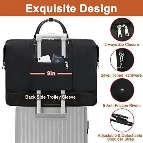 Travel Weekender Bag for Women, Overnight Bag with Shoe Compartment, Oversized Travel Duffel Bag Carry On Tote with Trolley Sleeve 21