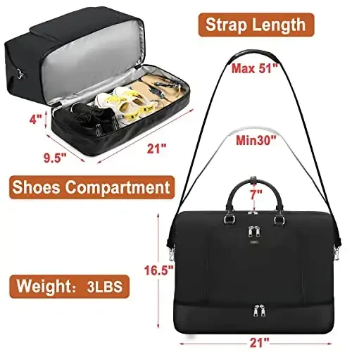 Travel Weekender Bag for Women, Overnight Bag with Shoe Compartment, Oversized Travel Duffel Bag Carry On Tote with Trolley Sleeve 21