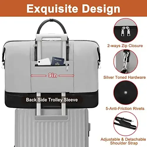Travel Weekender Bag for Women, Overnight Bag with Shoe Compartment, Oversized Travel Duffel Bag Carry On Tote with Trolley Sleeve 21