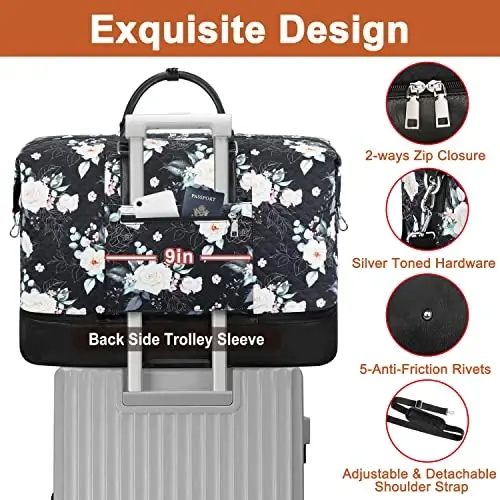 Travel Weekender Bag for Women, Overnight Bag with Shoe Compartment, Oversized Travel Duffel Bag Carry On Tote with Trolley Sleeve 21
