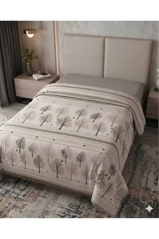 Tree of Life Pattern Printed 150x240 Cm. Single Person Single Blanket - Gray - 1