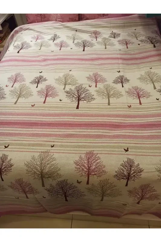 Tree of Life Patterned Printed 200x240 Cm. Double Size (KING) Single Pique - Pink-Pink - 1