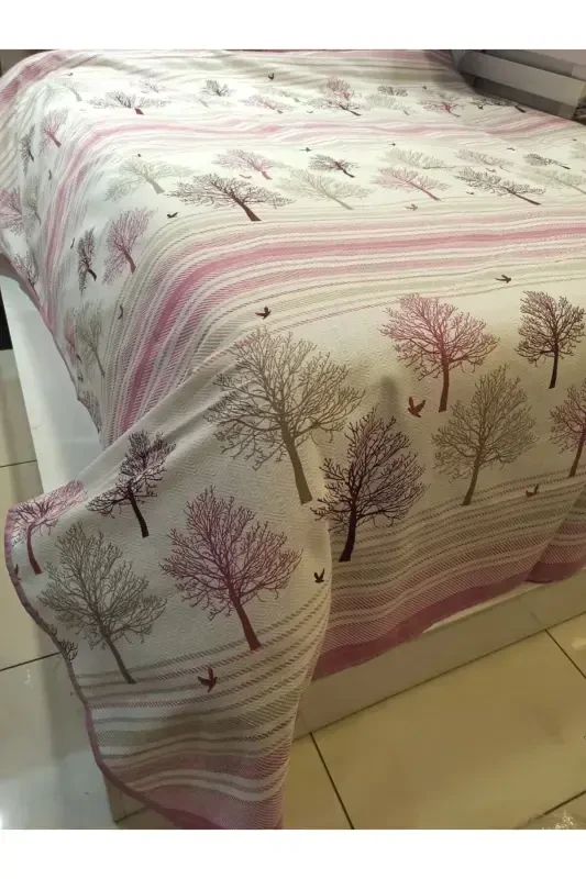 Tree of Life Patterned Printed 200x240 Cm. Double Size (KING) Single Pique - Pink-Pink - 2