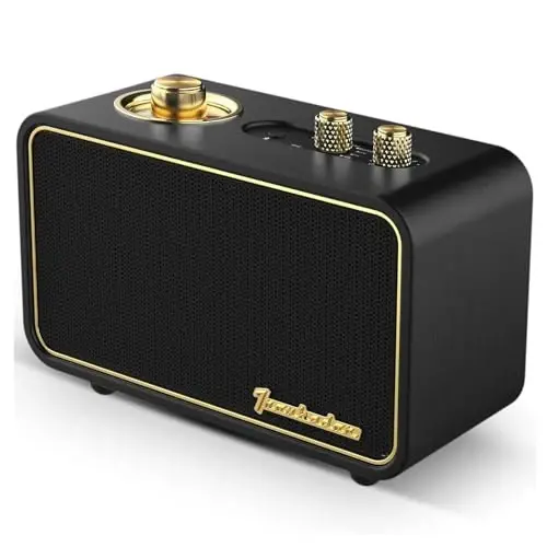 TRENBADER Vintage Bluetooth Speaker with AM/FM Radio, Retro Wood Wireless Speaker, 10W Deep Bass & 10H Playtime, Charge-While-Play, Rotary Dial & Interchangeable Panel, Portable Home Radio(Black) - 1