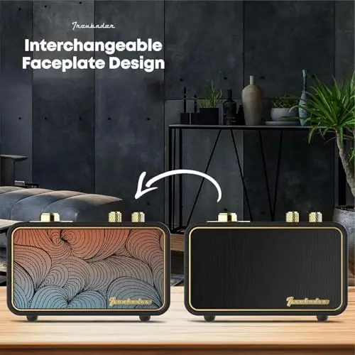TRENBADER Vintage Bluetooth Speaker with AM/FM Radio, Retro Wood Wireless Speaker, 10W Deep Bass & 10H Playtime, Charge-While-Play, Rotary Dial & Interchangeable Panel, Portable Home Radio(Black) - 2