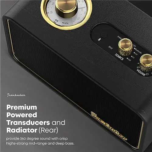 TRENBADER Vintage Bluetooth Speaker with AM/FM Radio, Retro Wood Wireless Speaker, 10W Deep Bass & 10H Playtime, Charge-While-Play, Rotary Dial & Interchangeable Panel, Portable Home Radio(Black) - 3