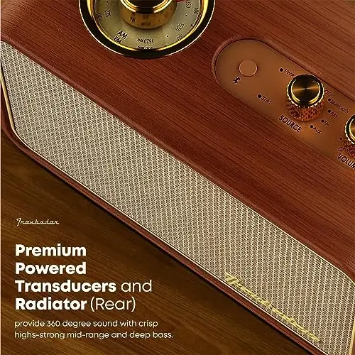 TRENBADER Retro Wood Bluetooth Radio with Built-in Speakers, Wireless Portable Speakers with Subwoofer-Elegant & Vintage Design, Rotary AM/FM Tuning Dial, Wireless Streaming (Wood) - 3