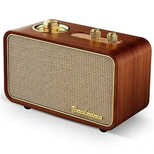 TRENBADER Vintage Bluetooth Speaker with AM/FM Radio, 10W Rich Bass & 10H Playtime, Portable Wireless Retro Radio with Wood Frame, Rotary Tuning Dial & Interchangeable Panel, Portable Home Radio(Wood) - 1