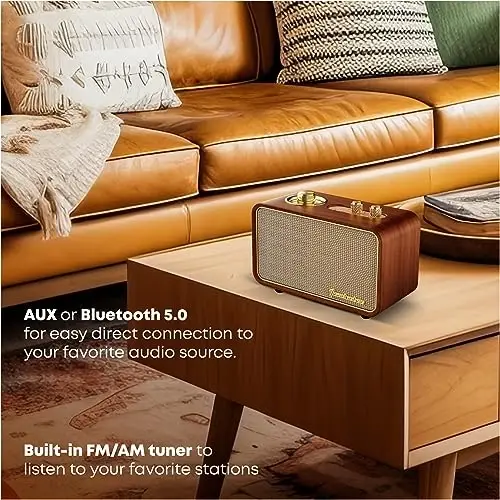 TRENBADER Vintage Bluetooth Speaker with AM/FM Radio, 10W Rich Bass & 10H Playtime, Portable Wireless Retro Radio with Wood Frame, Rotary Tuning Dial & Interchangeable Panel, Portable Home Radio(Wood) - 2