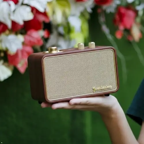 TRENBADER Vintage Bluetooth Speaker with AM/FM Radio, 10W Rich Bass & 10H Playtime, Portable Wireless Retro Radio with Wood Frame, Rotary Tuning Dial & Interchangeable Panel, Portable Home Radio(Wood) - 5