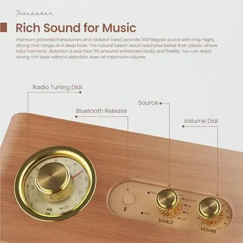 TRENBADER Retro Bluetooth karnay Vintage Bluetooth karnay Kichkina simsiz eski moda uslubi, AM/FM sozlash terish, Uy uchun elektronika, Kafe, restoran, vintage do'kon, yotoqxona uchun ideal (Retro yog'och) - 3