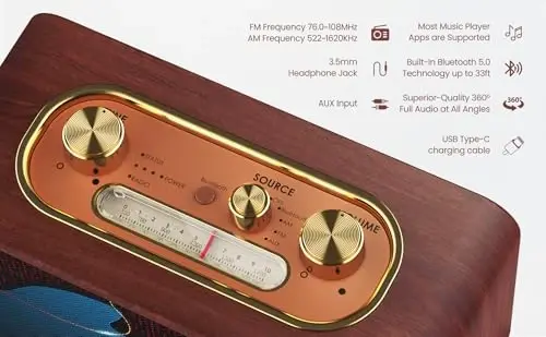 TRENBADER Retro Wood Bluetooth Radio o'rnatilgan karnaylar bilan, simsiz portativ karnaylar sabvufer bilan-Elegant & Vintage dizayn, Rotary AM/FM Tuning Dial, simsiz translyatsiya (Retro Dark Wood) - 3
