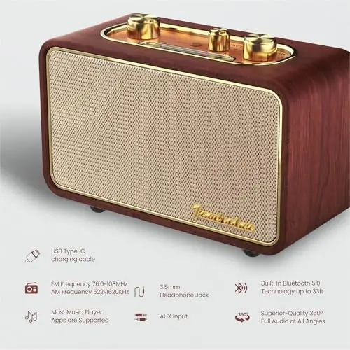 TRENBADER Retro Bluetooth Speaker - Vintage Wood FM/AM Radio, 10W Bass, 10H Battery, Interchangeable Faceplates, Compact Desk Audio for Home & Gifts(Apur Retro Dark Wood) - 3