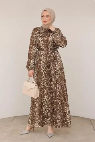 Leopar Desenli Beli Kemerli Elbise Kahverengi 24KT904 - kahverengi - 1