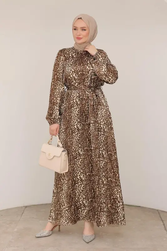 Leopar Desenli Beli Kemerli Elbise Kahverengi 24KT904 - kahverengi - 1