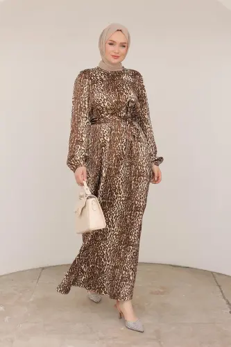 Leopar Desenli Beli Kemerli Elbise Kahverengi 24KT904 - kahverengi - ARMINE (1)