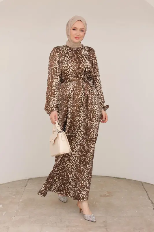 Leopar Desenli Beli Kemerli Elbise Kahverengi 24KT904 - kahverengi - 2