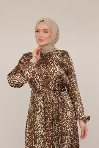 Leopar Desenli Beli Kemerli Elbise Kahverengi 24KT904 - kahverengi - 3