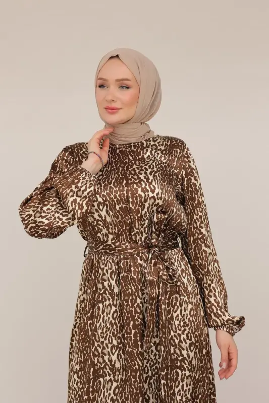Leopar Desenli Beli Kemerli Elbise Kahverengi 24KT904 - kahverengi - 3