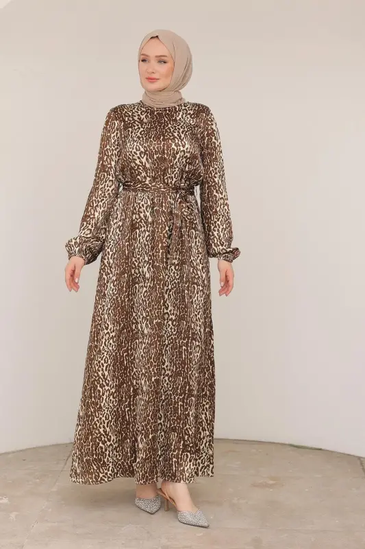 Leopar Desenli Beli Kemerli Elbise Kahverengi 24KT904 - kahverengi - 4