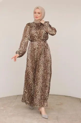 Leopar Desenli Beli Kemerli Elbise Kahverengi 24KT904 - kahverengi - 5