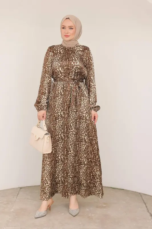 Leopar Desenli Beli Kemerli Elbise Kahverengi 24KT904 - kahverengi - 7