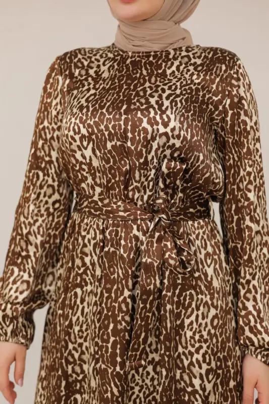 Leopar Desenli Beli Kemerli Elbise Kahverengi 24KT904 - kahverengi - 8