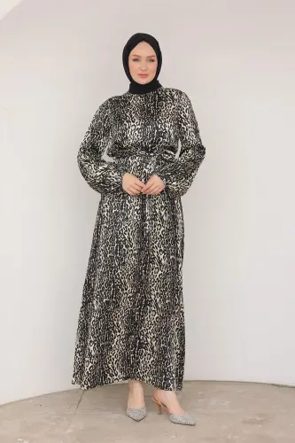 Leopar Desenli Beli Kemerli Elbise Siyah 24KT904 - siyah 