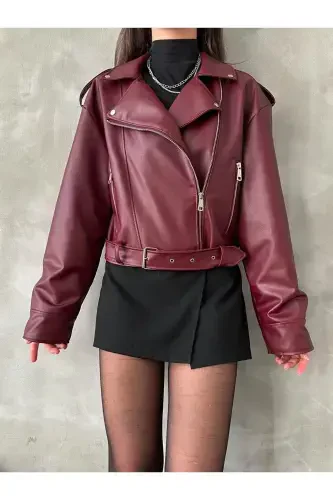 Trend Oversize Belted Leather Style Bomber Jacket-Burgundy - BUQRE'S MODA (1)