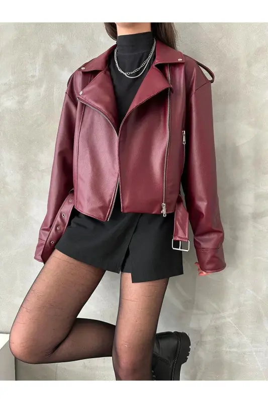 Trend Oversize Belted Leather Style Bomber Jacket-Burgundy - 3