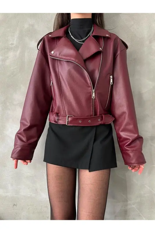 Trend Oversize Bomber Kamarli Teri Tarzdagi Kurtka-Bordo - 2