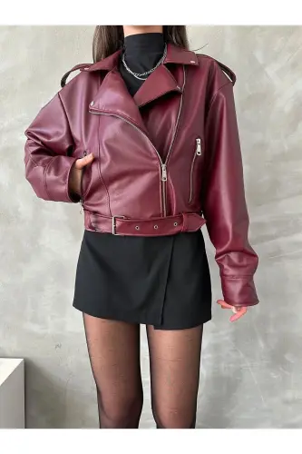 Trend Oversıze Bomber Kemerli Deri Tarz Ceket - Bordo 