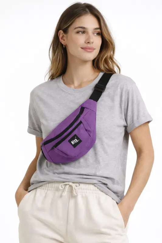 Trend Unisex Mor Menekşe iki Bölmeli Bel Ve Omuz Çantası Su Geçirmez Spor ve Günlük-Mor - 1