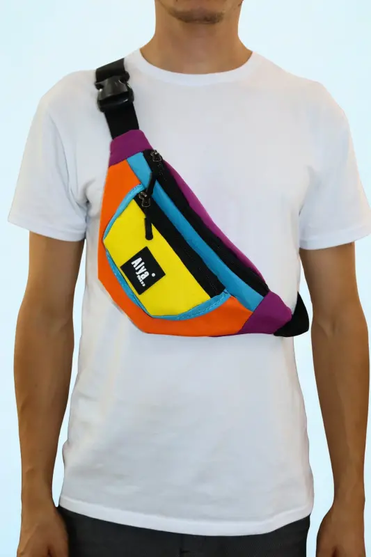 Trend Unisex Retro Renkli iki Bölmeli Bel Ve Omuz Çantası Su Geçirmez Spor ve Günlük-Çok Renkli - 6