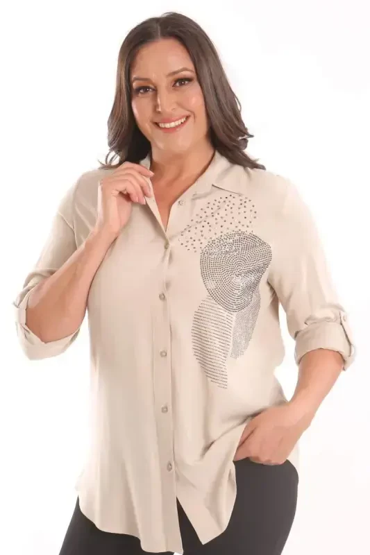 Trend42plus Большой Размер Бежевая Рубашка с Каменным Принтом - BÜYÜKBEDENIZ