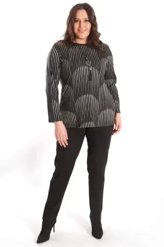 Trend42plus Большой Размер Блузка Черная с Кожаными Полосками на Рукавах - BÜYÜKBEDENIZ (1)