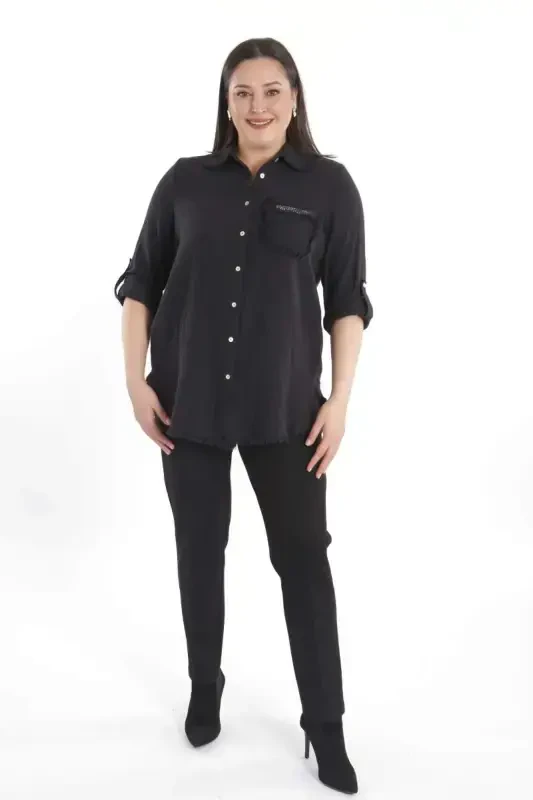 Trend42plus Большой Размер Карманный Каменный Принт Юбка Бахрома Муслиновая Черная Рубашка - 2