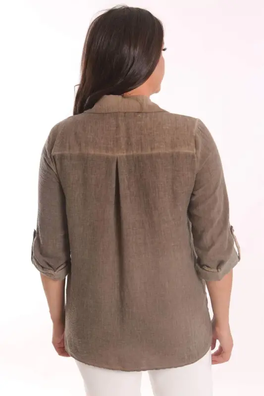 Trend42plus Большой Размер Коричневая Рубашка с Каменным Принтом в Стиле Батик и Эффектом Стирки - 5