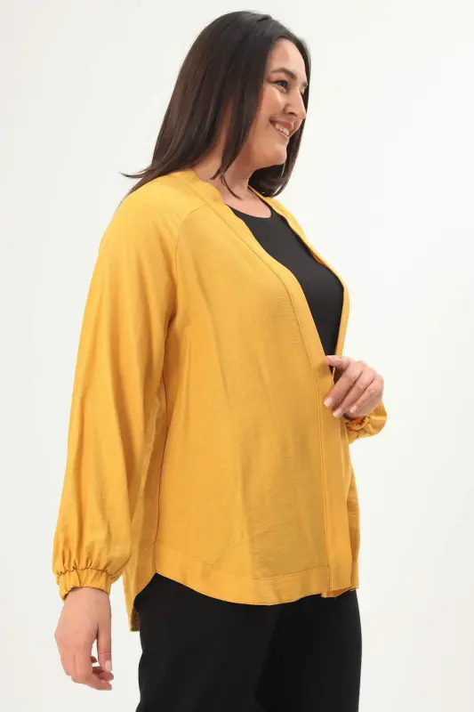 Trend42plus Большой Размер Куртка Oversize Горчичного Цвета с Принтом Камней на Спине - 4