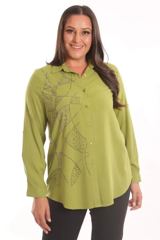 Trend42plus Большой Размер Рубашка Тканая с Деталями Каменной Печати Фисташковый Зеленый - 1