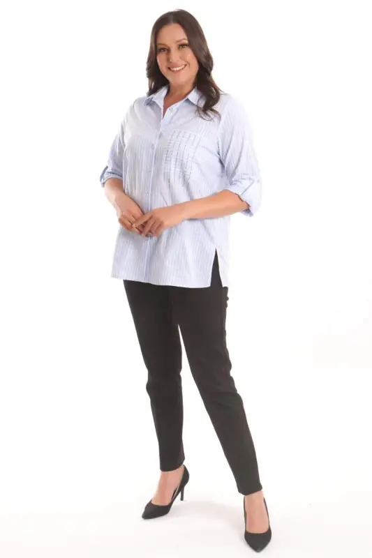 Trend42plus Большой Размер Синяя Рубашка В Полоску С Каменным Принтом На Кармане - 2