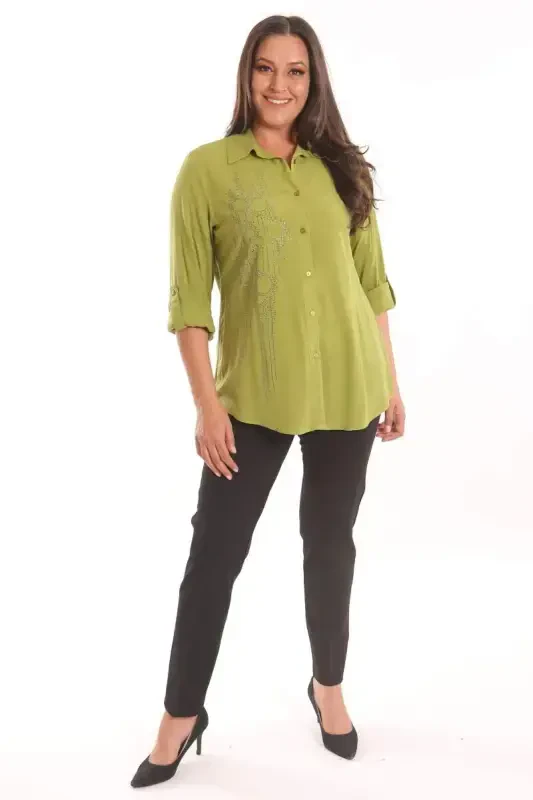 Trend42plus Большой Размер Темно-зеленая Тканая Рубашка с Каменным Принтом - 4