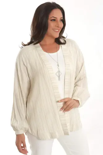 Trend42plus Большой Размер В Полоску Oversize Бежевый Пиджак - 1