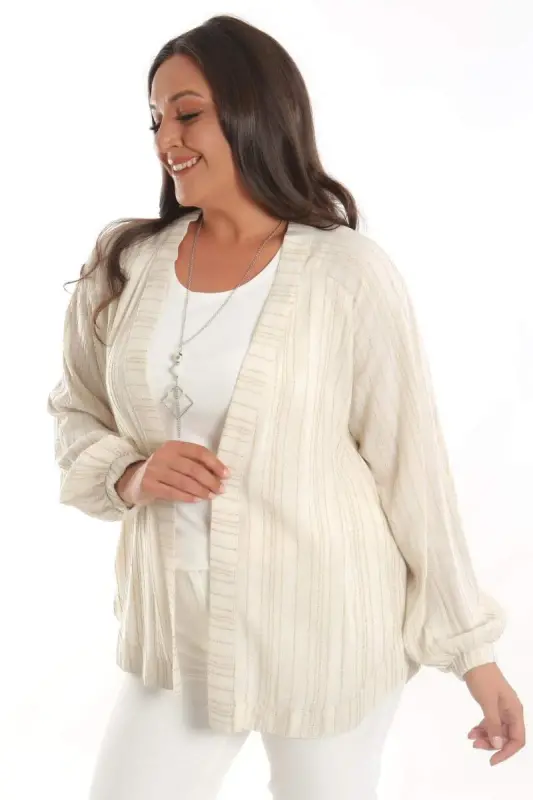 Trend42plus Большой Размер В Полоску Oversize Бежевый Пиджак - 3