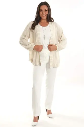 Trend42plus Большой Размер В Полоску Oversize Бежевый Пиджак - 4