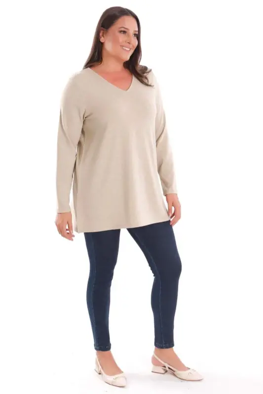 Trend42plus Большой Размер V Вырез Разрез Базовая Бежевая Блузка - 4