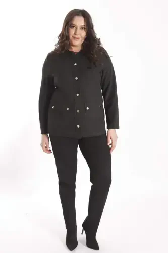 Büyük Beden Bisiklet Yaka Çıt Çıt Düğmeli Siyah Süet Ceket - 6