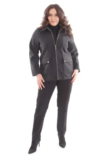 Büyük Beden Cep Kapaklı Fermuarlı Siyah Kaşe Kaban - BÜYÜKBEDENIZ (1)