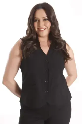 Büyük Beden Düğme Detaylı Siyah Yelek - 3